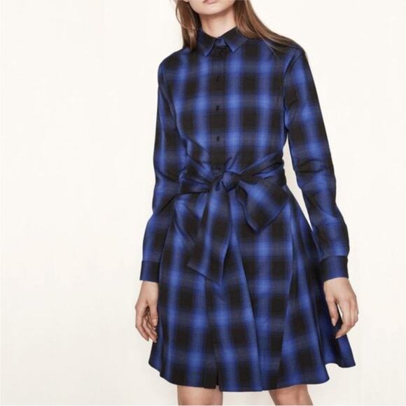 Maje Rulyl Blue & Black Plaid Checkered Long Sleeve Tie Front Button Shirt Dress - Picture 1 of 10